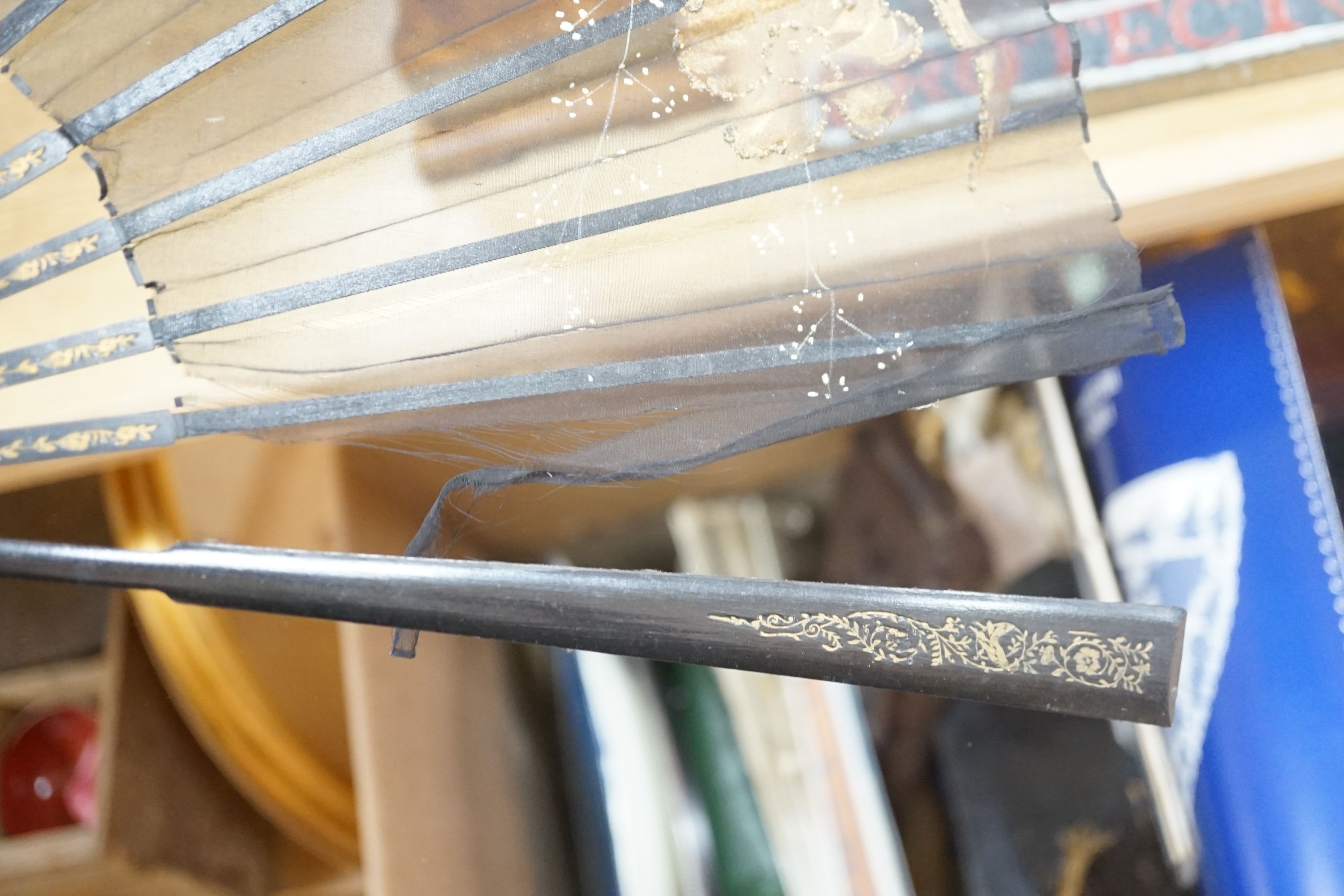 A quantity of lace makers items, Victorian parasols, 7 other fans, a fan frame, a 900 silver bag mount, a silver mother of pearl page turner, and other items